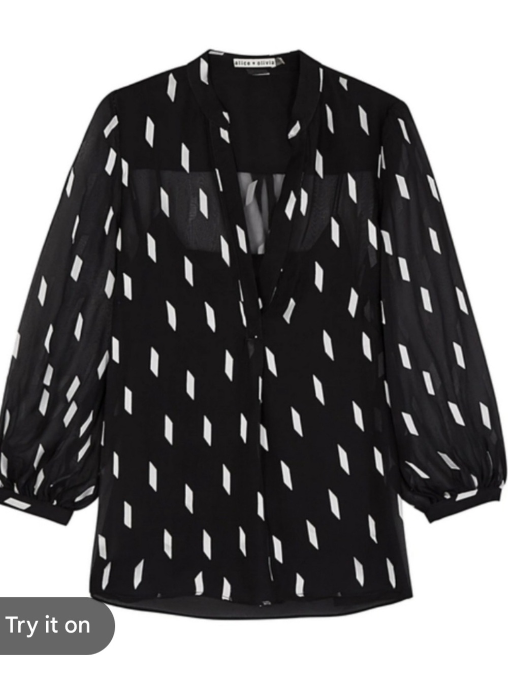 Alice + Olivia Black and White Geometric V-Neck Silk Printed Blouse Sz S